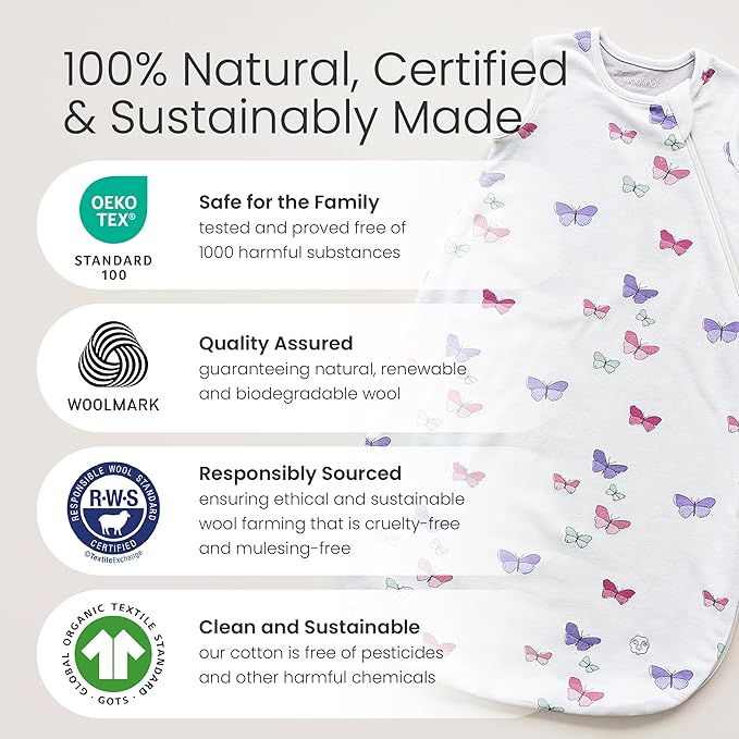 Woolino Merino Wool and Organic Cotton Baby Sleeping Bag - 4 Season Classic Sleep Sack - Two-Way Zipper Sleeping Bag for Baby and Toddler - 6-18 Months - Sage