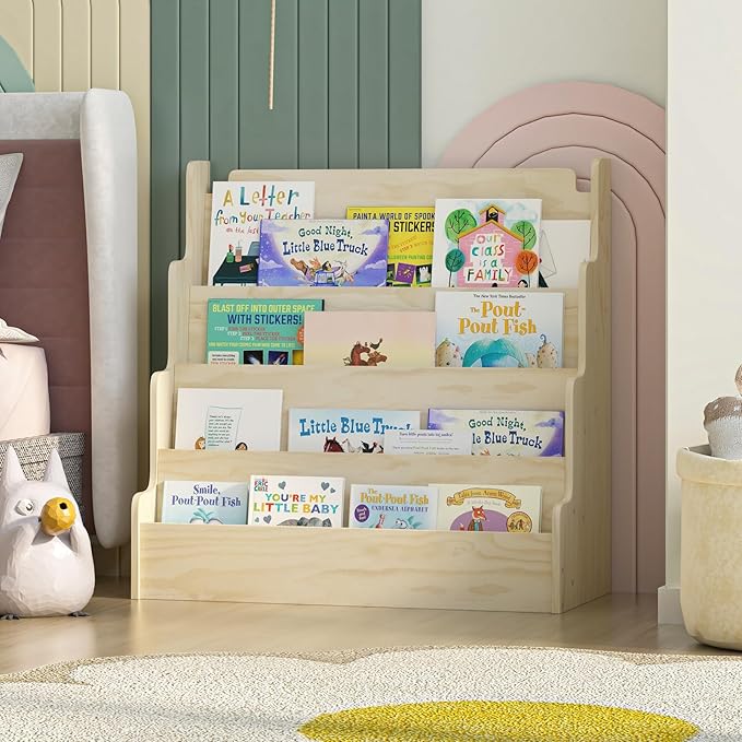 NACHES Kids Bookshelf Wooden 4 Tier Scalloped Bookshelf Toddler Montessori Bookcase Children Front Facing Display Book Shelves for Nursery Kids Room Reading Room Bedroom Classroom
