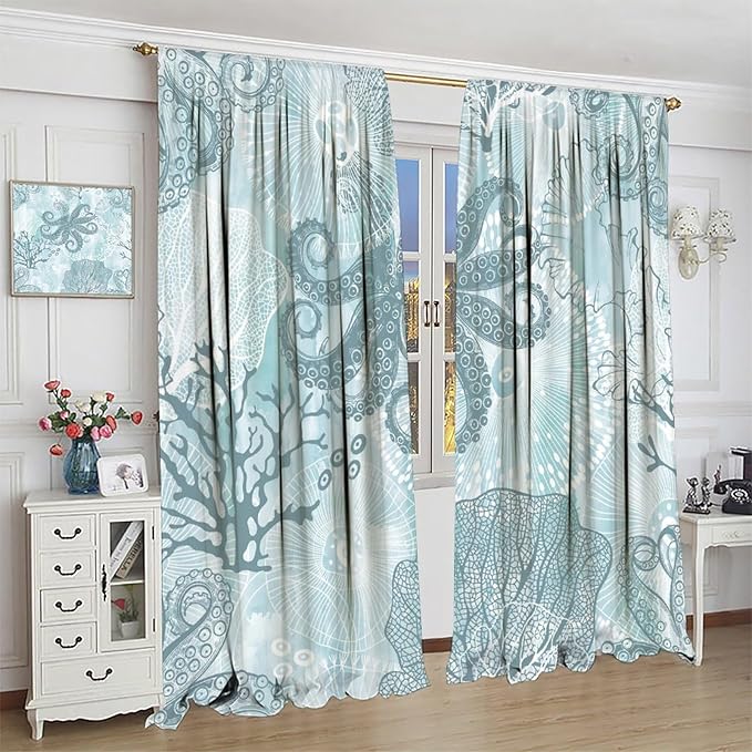 Coastal Window Curtains,Nautical Beach Themed Thermal Insulating Blackout Curtain for Living Room, Bedroom Set 2 Panels,63x63 Inches