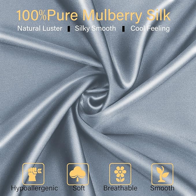 100% Mulberry Silk Pillowcase 2 Pack for Hair and Skin,with Hidden Zipper,Both Sides 22 Momme Natural Silk Pillow Cover,Soft Breathable & Smooth (Air Blue, Queen)
