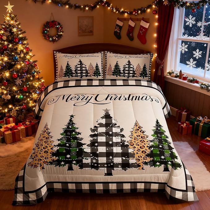 Merry Christmas Kids Comforter Set King Size,Leopard Plaids Pines Trees Bedding,Girls Boys Adults Bedroom/Xmas Cabin Decor,Geometric Grids Retro Down Comforter,Rustic Duvet Insert,2 Pillowcases