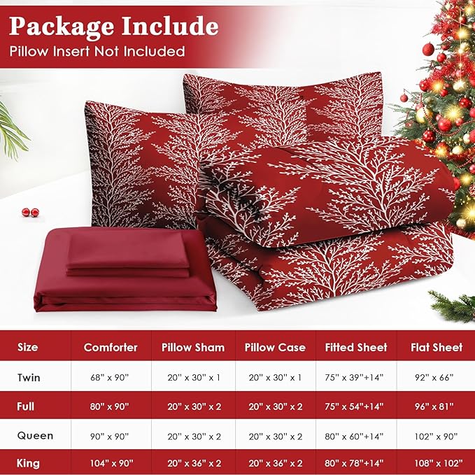 7 Pcs Full Size Christmas Comforter Set with 2 Pillowcases & 2 Shams, Red Botanical Bedding for Kids and Adults, Winter Tree Branch Bed in a Bag with Flat Fitted Sheet