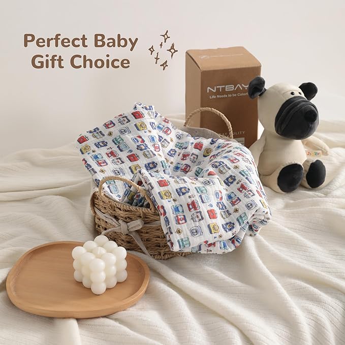 NTBAY 4 Layer Muslin Cotton Toddler Blanket, 42x60 Soft and Breathable Receiving for Newborns and Infants, Perfect for Crib, Stroller, Travel, Lightweight Nursery Blanket, Cartoon Train