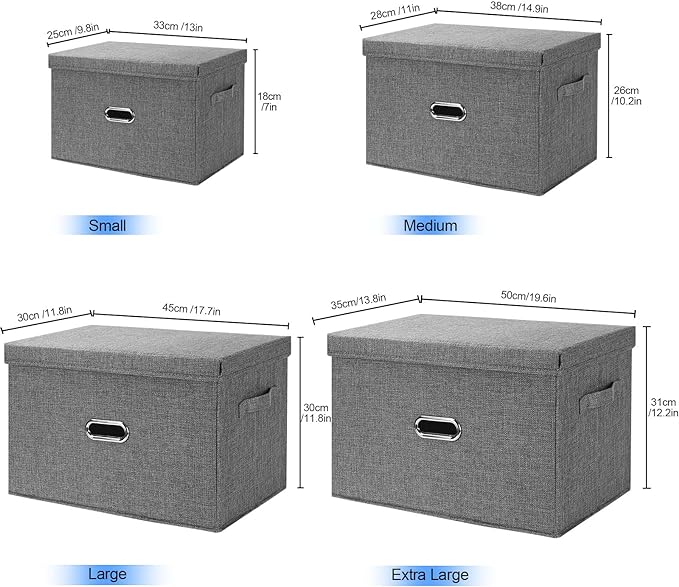 Large Linen Fabric Foldable Storage Bins with Removable Lid and Handles, Washable Storage Box Organizer Containers Baskets Cube with Cover for Bedroom,Closet,Nursery (Grey, Large(2-Pack))