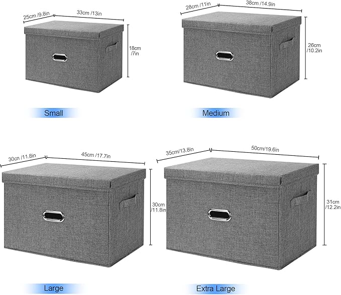 Large Linen Fabric Foldable Storage Bins with Removable Lid and Handles, Washable Storage Box Organizer Containers Baskets Cube with Cover for Bedroom,Closet,Office (Grey, Extra Large(2-Pack))