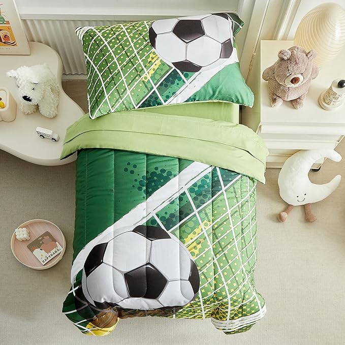 4 Pieces Soccer Toddler Bedding Set for Boys Girls Yellow Green Soccer Field Toddler Bed Set with Goal Cute Toddler Bed in a Bag with Sheet Set and Pillow Shams