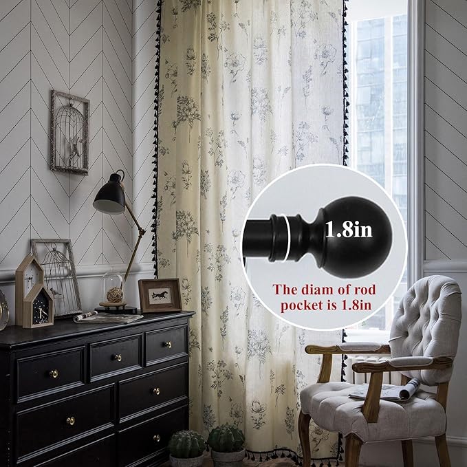 Boho Curtains 96 Inch Length 2 Panels Farmhouse Living Room Semi Sheer Drapes Vintage Floral Tassel Window Curtain Panel Bedroom Grey and Off White Cotton Linen Blend Rod Pocket Window Treatment