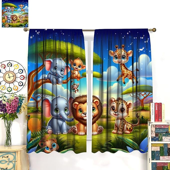 Jungle Safari Window Curtains for Kids Boys Girls Watercolor Cartoon Forest Animals Baby Living Room Bedroom Nursery Toddler Rod Pocket Drapes 55" W X 63" L