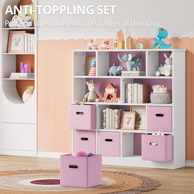 IRONCK Toy Storage Organizer with 6 Bins, Wooden 4-Tier Floor Standing Open Bookshelf Storage Cubby, 12-Cube Storage Shelf Bookcase, Kids Bookshelf and Toy Storage, Pink