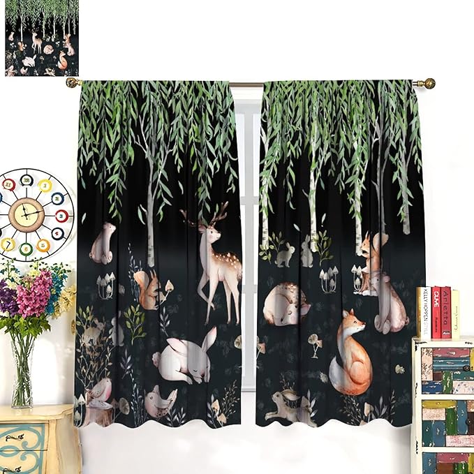 Forest Animal Curtains, Watercolor Cartoon Woodland Plants Animals Bears Moose Mushrooms Printed Curtains for Kids Boys and Girls Bedroom Window Drapes 42x45 Inch, Style-9