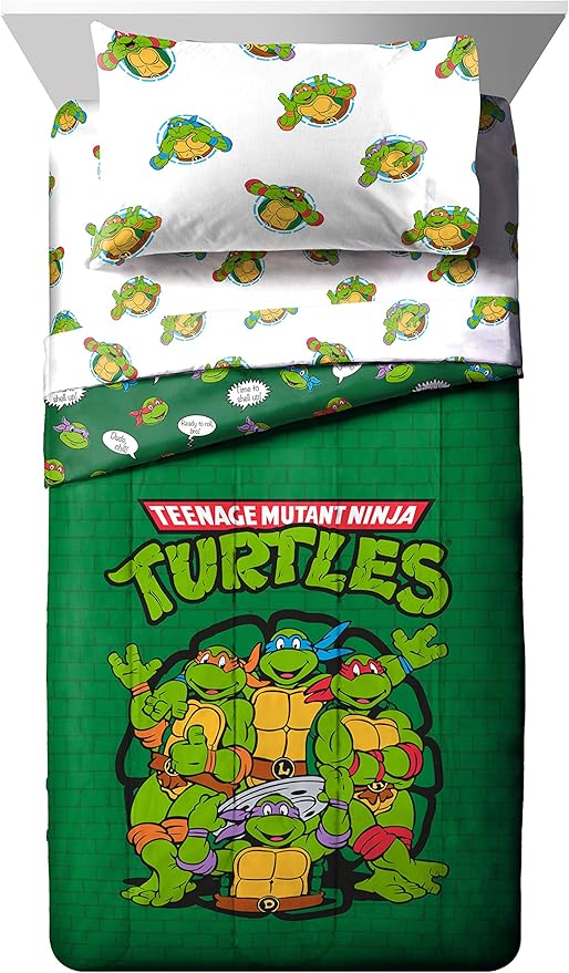 Jay Franco Nickelodeon Teenage Mutant Ninja Turtles Green Bricks 5 Piece Twin Bed Set - Includes Reversible Comforter & Sheet Set Bedding - Super Soft Fade Resistant Microfiber