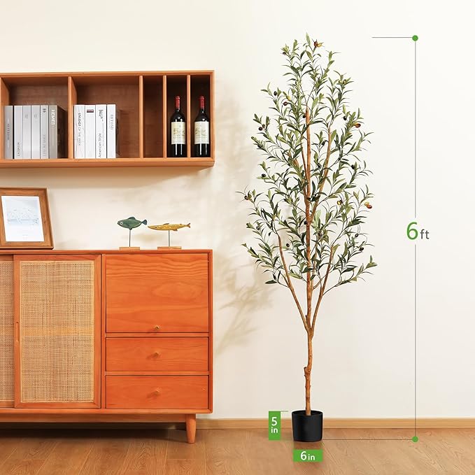 Kazeila Artificial Olive Tree 6FT Tall Faux Silk Plant for Home Office Decor Indoor Fake Potted Tree with Natural Wood Trunk and Lifelike Fruits, 2 Pack