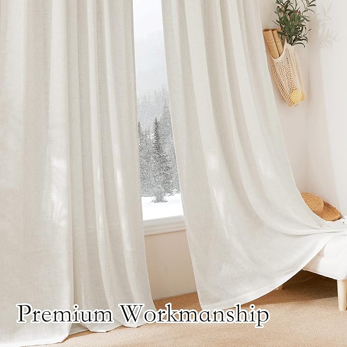 RYB HOME Linen Sheer Curtains 84 inch Long - Semi Sheer Curtains Linen Textured Tab Top Window Drapes Light Glare Filtering Privacy for Living Room Bedroom, 52 Wx 84 L, 1 Pair