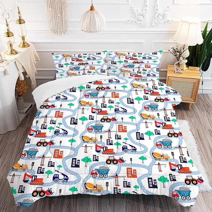 Cars Comforter Set Queen: Cartoon Truck Bedding for Boys Kids Teen Men Bedroom Construction White Dorm Quilt 1 Comforter + 2 Pillow Cases