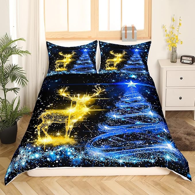 Christmas Duvet Cover Set King Size Gold Reindeer Bedding Set 3pcs for Kids Boys Girls Room Decor Blue Christmas Tree Comforter Cover Western New Year Theme Quilt Cover with 2 Pillowcases,No Comforter