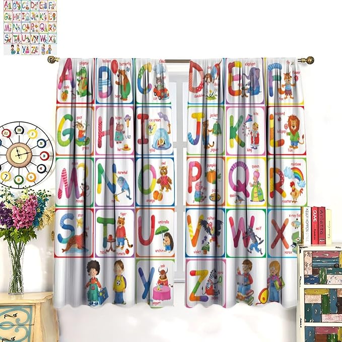 Kids Alphabet Curtains Cartoon Animal Funny Education Learning Curtain with Rod Pocket for Bedroom Nursery Children Toddler Decor Drapes Window Treatments 2 Panels Set 42" W X 45" L