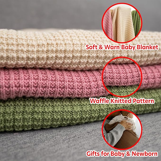 Baby Knit Blanket, 100% Cotton Waffle Patterns, Soft, Cozy, Lightweight Swaddle for Newborn & Infant Swaddling Beige Neutral, Perfect Baby Shower Ideas Mocha 30x30