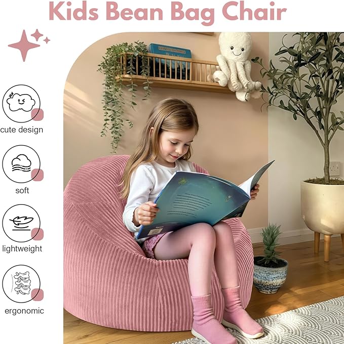 COMAX Bean Bag Chairs for Kids, Toddler BeanBag Sofa with Filler Bean Couch Stuffed for Boys and Girls, Lazy Floor Chair for Playroom, Nursery Room, Pink