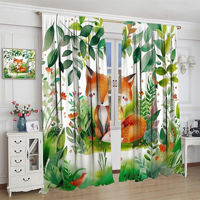 Kids Fox Curtain Cute Cartoon Fox Window Treatment for Girls Boys Bedroom Wildlife Woodland Animal Botanical Plant Window Drapes for Living Room Teens Nursery W42xL45(Decor)