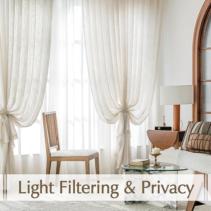 FMFUNCTEX Linen Semi Sheer Curtains 108 Inches Extra Long for Bedroom Living Room, Beige Curtain Panels Sheer Linen Textured Window Drapes Farmhouse Light Filtering Natural 2 Panels Rod Pocket