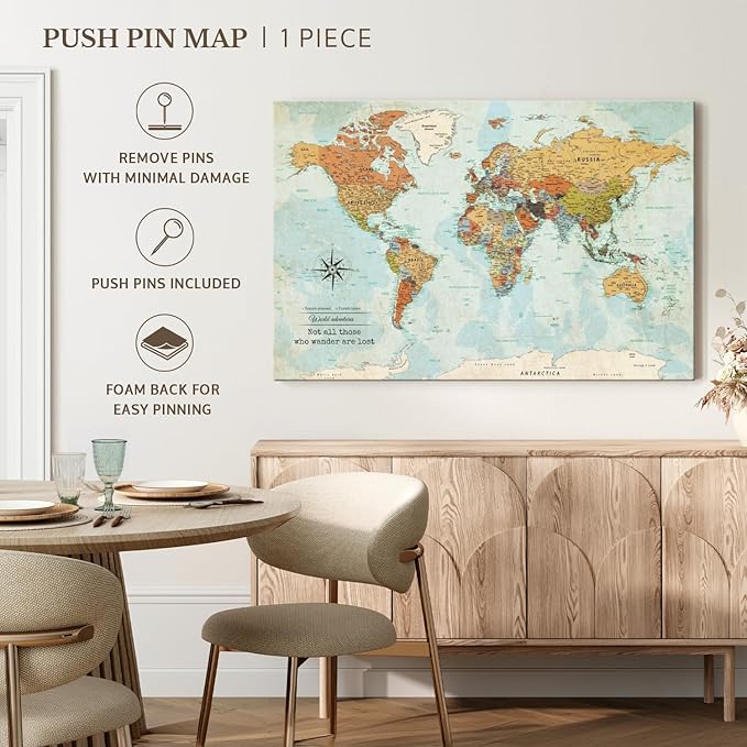 ElephantStock - Personalized Wanderer Push Pin World Map Wall Art - Horizontal Canvas Wall Art - Living Room Wall Decor - Digital Art Map Canvas Art - Orange And Blue Decor - 12" x 8"