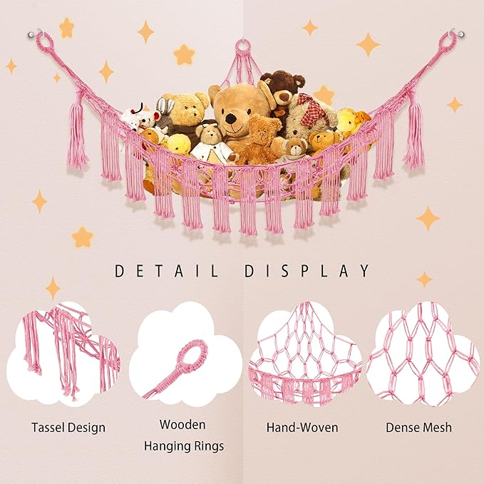 Stuffed Animal Hammock with LED Light, Large Stuffed Animals Storage Corner Plushie Net for Kids Room Decor, 2 Packs Pink