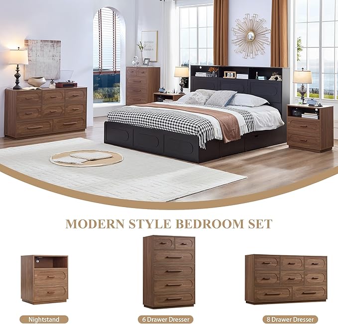 Walnut Nightstand Set of 2 with Charging Station, End Table with 2 Drawers Storage, Space-Saving Wood Storage Cabinet with Unique Base Design, Bedside Table for Bedroom, Living Room