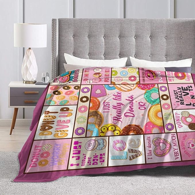 Pink Donut Fleece Blanket Dessert Throw Blankets for Girls Boys Super Soft Warm Flannel Cute Food Throws Gifts for Men Women Cozy Fuzzy Plush Stuffed Couch Bed Bedding Decor 60"x50"