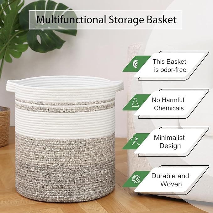 laundry hamper 16x16x18,60L – large basket for blankets,toy basket ,Cotton Rope Blanket Basket Living Room, Baby Laundry hamper for Blanket, Nursery, –stuffed animal storage（ Double color khaki）