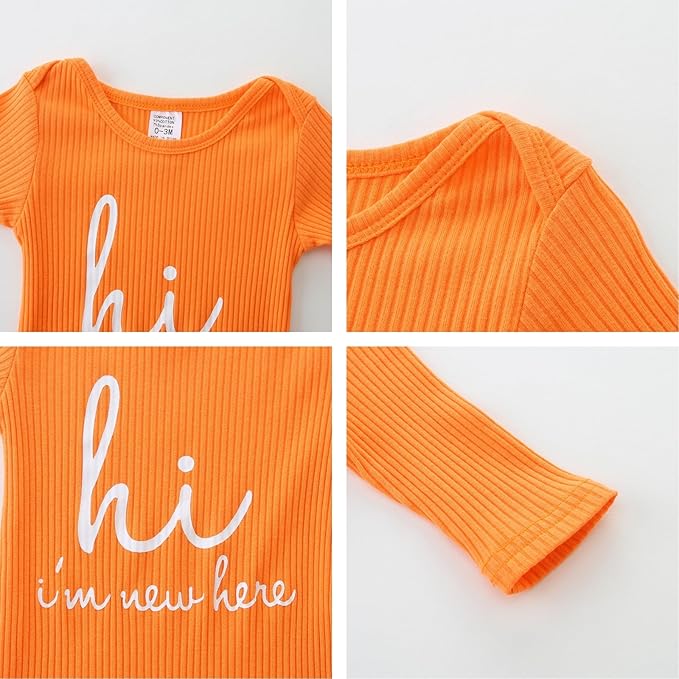 Baby Romper with Baby Mittens & Newborn Hats Footless Long Sleeve Solid Onesie Hi Im New Here