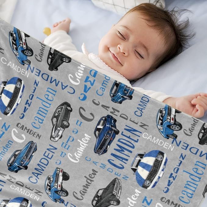 Custom Car Blanket With Name for Boys, Personalized for Kids, Soft Flannel Toddler Customized Gift for Birthday Christmas Baby Shower Children Day 40x50in