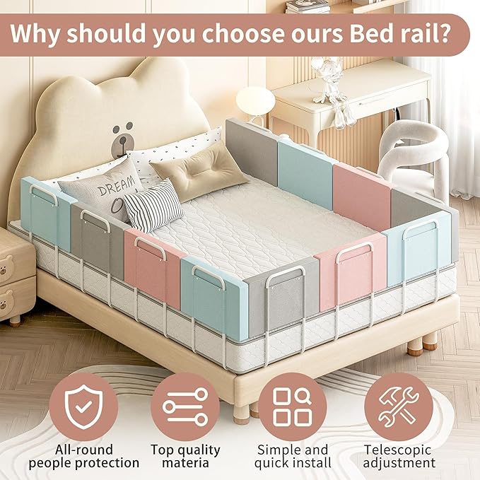 Bed Rail Guards for Toddlers, Adjustable Bed Rails with Safety, Bed Side Rails for Twin, Full, Queen Bunk Size (Pink)