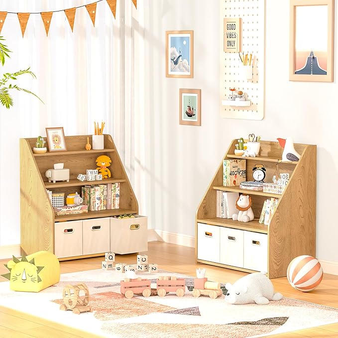 Kids Bookshelf and Toy Organizer, Wooden Kids Bookcase, Toddler Montessori Bookshelf with 3 Movable Drawers, Toy Storage Organizer for Child's Room, Living Room, Nursery