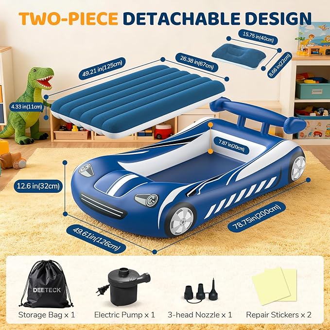 Inflatable Toddler Travel Bed - Kids Air Mattress with Car Design,Toddler Blow Up Mattress for Baby Camping, Travel, Hotel, Grandma's Sleepovers or Home Use, Includes Electric Pump