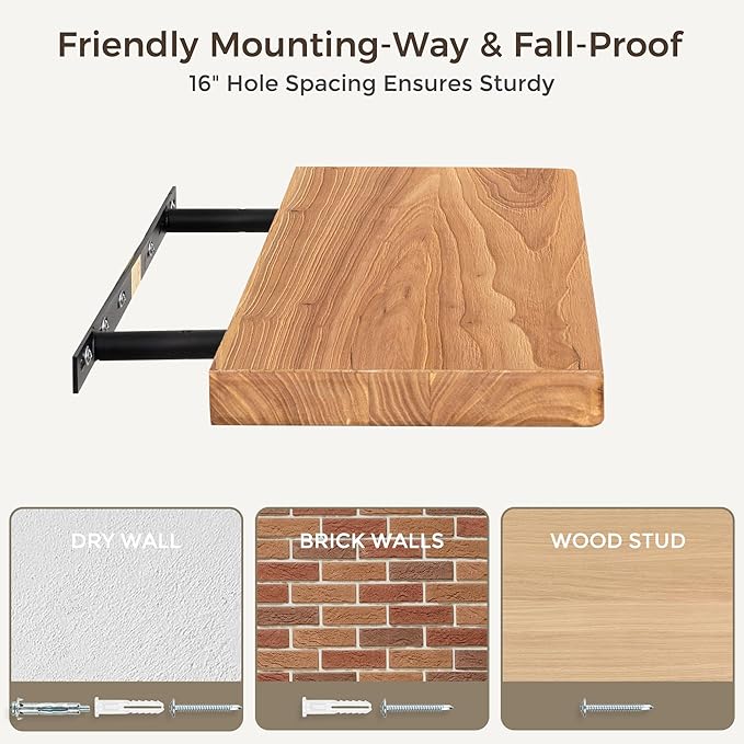 Fun Memories 55 Inch Wood Floating Shelves, Natural Elm Wood Floating Shelf for Wall, 8 Inch Deep Wall Shelves for Home Storage & Display, Deep Rustic Wooden Shelves for Living Room, Bedroom, Kitchen