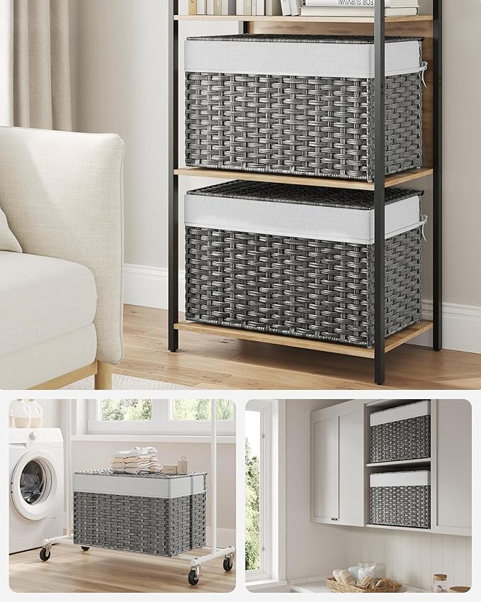 SONGMICS Storage Basket with Lid, 27.7 Gallon (105L) Storage Bin, Woven Blanket Storage Basket with Handles, Foldable, Removable Liner, Metal Frame, for Bedroom, Laundry Room, Gray URST066G01