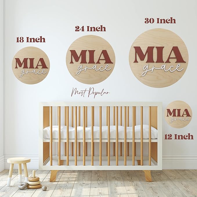 Custom Round Nursery Name Sign, Personalized Wooden Wall Plaque, 12" 18" 24", 30" 3D Wall Art for Children & Kids Rooms, Baby Shower, Hickory Hollow Designs (Hudson James)