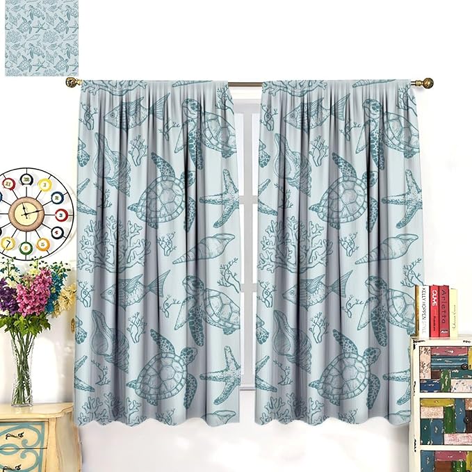 Turtle Starfish Curtains,Coral Starfish Seashell Beach Sea Seashell Theme Pattern Blackout Print Home Bedroom Living Room Window Treatmen 2 Panel Set 42x45 Inch