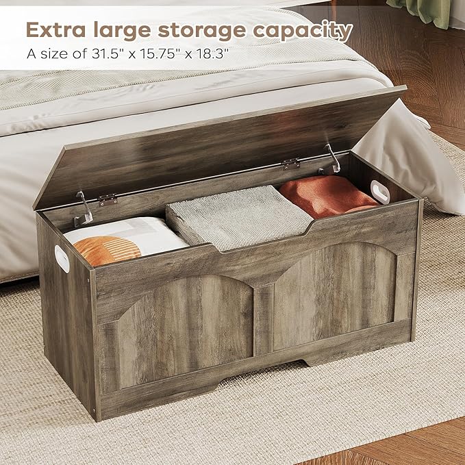 39.4" Storage Chest, Retro Storage Bench, Storage Trunk with 2 Safety Hinges, Large Entryway Bench Box, 39.4 x 15.7 x 18.3 Inches, U-Shaped Opening for Entryway Hallway Living Room, Light Greige