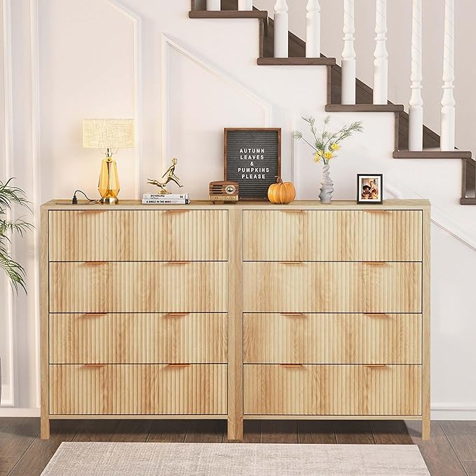 XUZENEST4 Drawer Double Dressers for Bedroom with Waveform Fluted Panel Design, Modern Wide Chest of Drawers,Wood Storage Dresser Chest of Drawers for Bedroom Living Room Hallway Closet,Natural 2 Sets