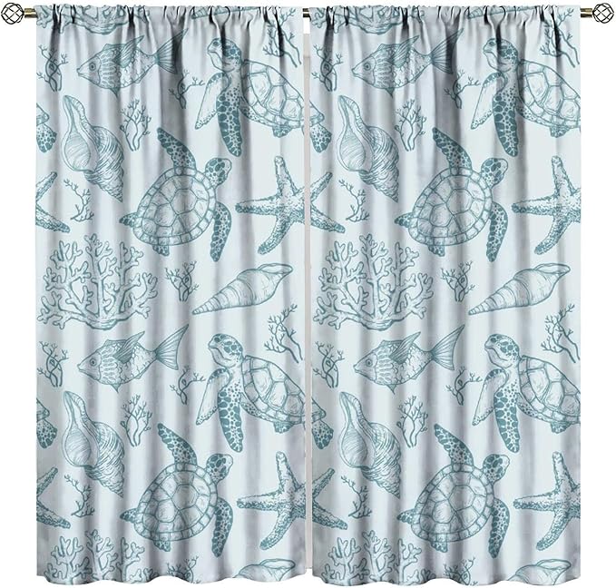 BAEKJIN Turtle Starfish Curtains,Coral Starfish Seashell Beach Sea Seashell Theme Pattern Print Decor Home Bedroom Living Room Window Treatmen 2 Panel Set 42x45 Inch