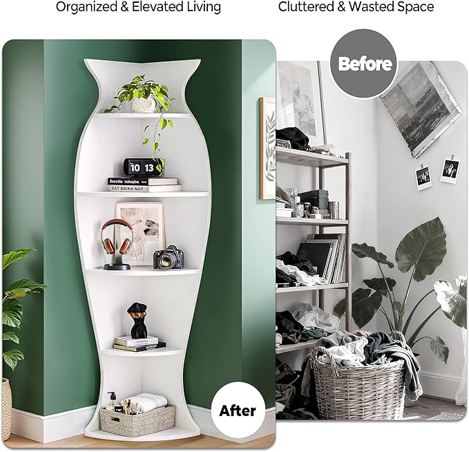 Small Corner Shelf, 5-Tier Vase-Shaped Bookcase Organizer for Living Room Decor, Bedroom, and Office, Modern Freestanding Corner Bookshelf for Storage and Display, Vases Home Decor Accent