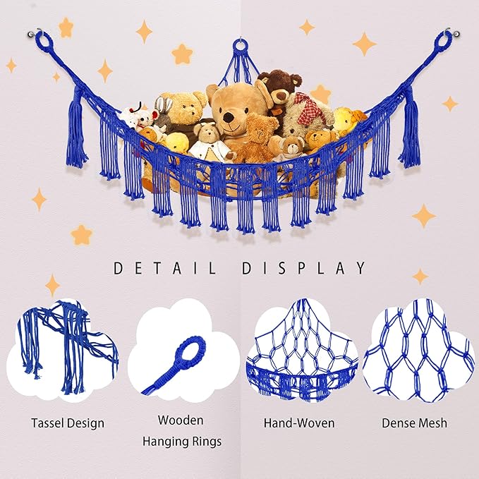 Stuffed Animal Hammock with LED Light, Toy Hammock for Stuffed Animals Storage for Kids Room Decor, Stuffed Animal Hammock Corner, Royal Blue