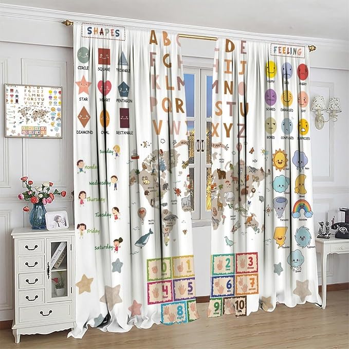 Kids Educational Curtain,Pastel ABC Alphabet Continents Map Numbers Shapes Weather Learning Tools Boy Girl Nursery Rod Pocket Blackout Window Treatments for Bedroom Living Room 63" W X 63" L