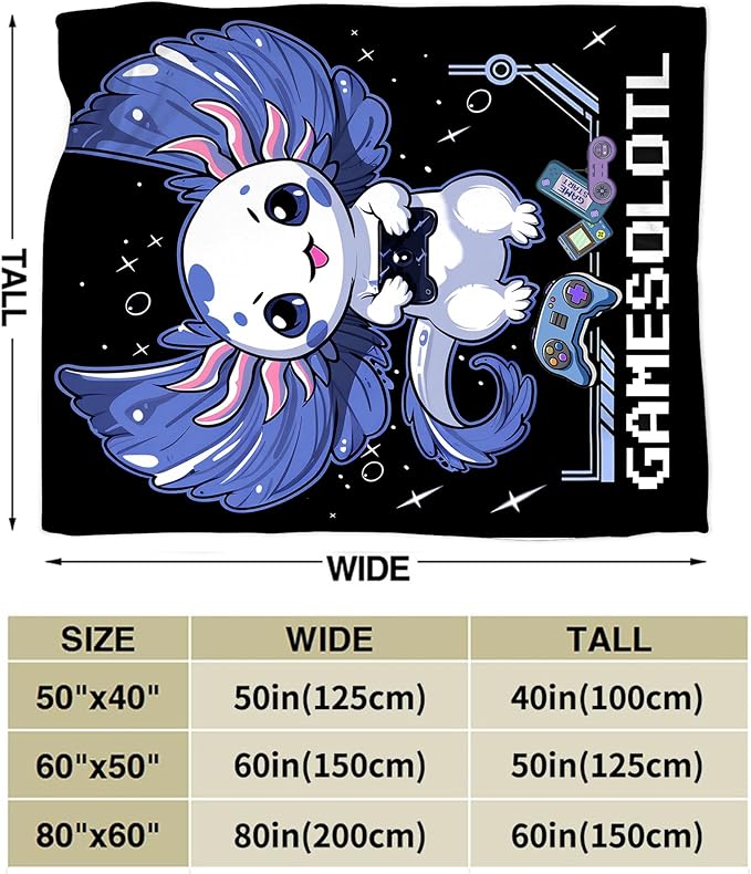 Axolotl Gaming Throw Blanket for Boys & Adults - Soft, Warm & Cozy Fleece for Couch, Sofa & Bed - 80"x60"