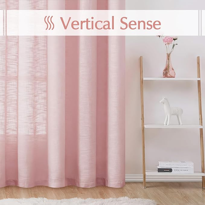 FMFUNCTEX Linen Semi Sheer Pink Curtains for Bedroom Living Room, Blush Pink Curtain Panels 63 Inch Length Sheer Linen Textured Window Drapes Farmhouse Light Filtering 2 Panels Rod Pocket