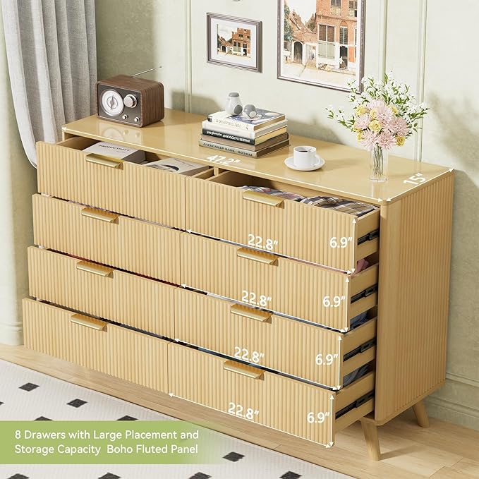Boho Fluted 8 Drawer Dresser for Bedroom, Chest of Drawers with Solid Wood Legs, Modern Dresser Chest Cabinet Organizer with Golden Handles, Beside Table for Closet, Hallway, Bedroom