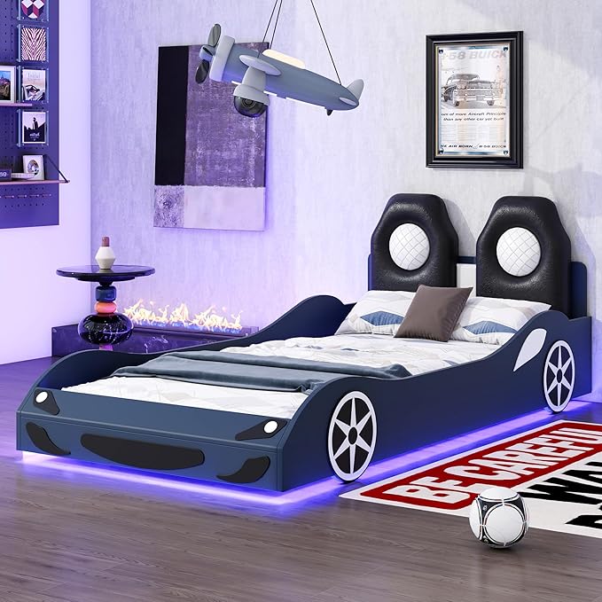 Kids Car Bed Frame Twin Size Car-Shaped Platform Bed with LED Lights and Upholstered Backrest, Solid Wood Car Bed Frame with Wheels and Guardrails for Boys Girls, Blue
