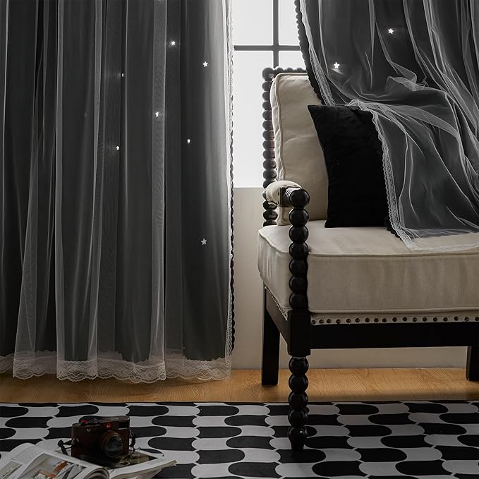 XiDi Black Out Curtains for Bedroom, Curtains for Girls Bedroom Decor, Unicorn Curtains for Kids Room, Black and White Curtains for Living Room 96 inchs Long 52 inches Wide 2 Panel Black