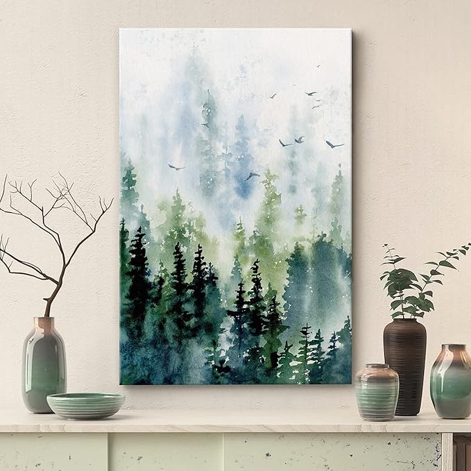 SIGNWIN Canvas Print Wall Art Woodland Nursery Decor Watercolor Pastel Pine Tree Bird Sky Nature Illustrations Modern Art Decorative Landscape Colorful for Living Room, Bedroom, Office - 32"x48"